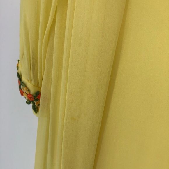 70’s Vintage Yellow Maxi Dress Embroidered Sheer Long Sleeve Ribbon Trim Gown - Picture 8 of 13